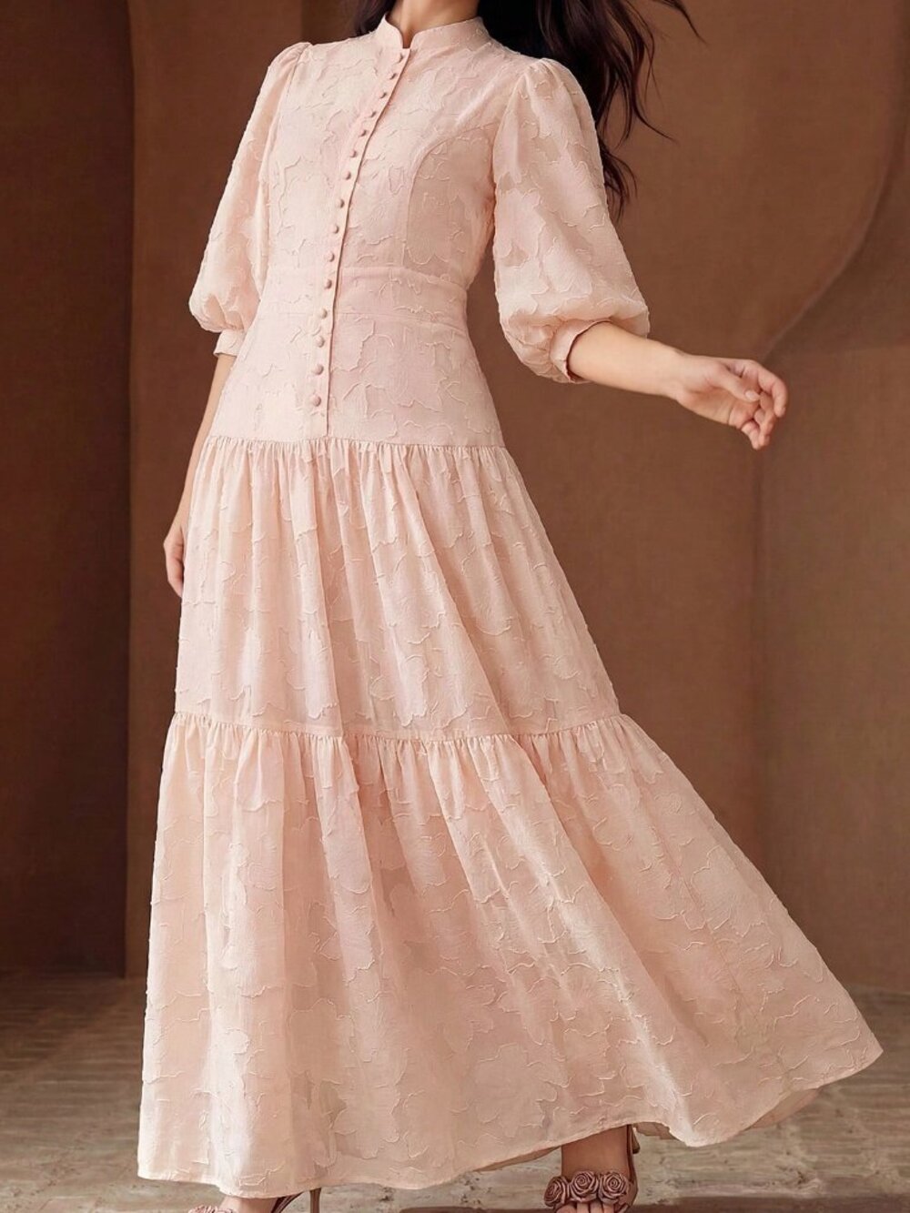 Pink Elegant Women's V-Neck Lantern Sleeve Textured Ditsy Floral Dress - Picture 5 of 7